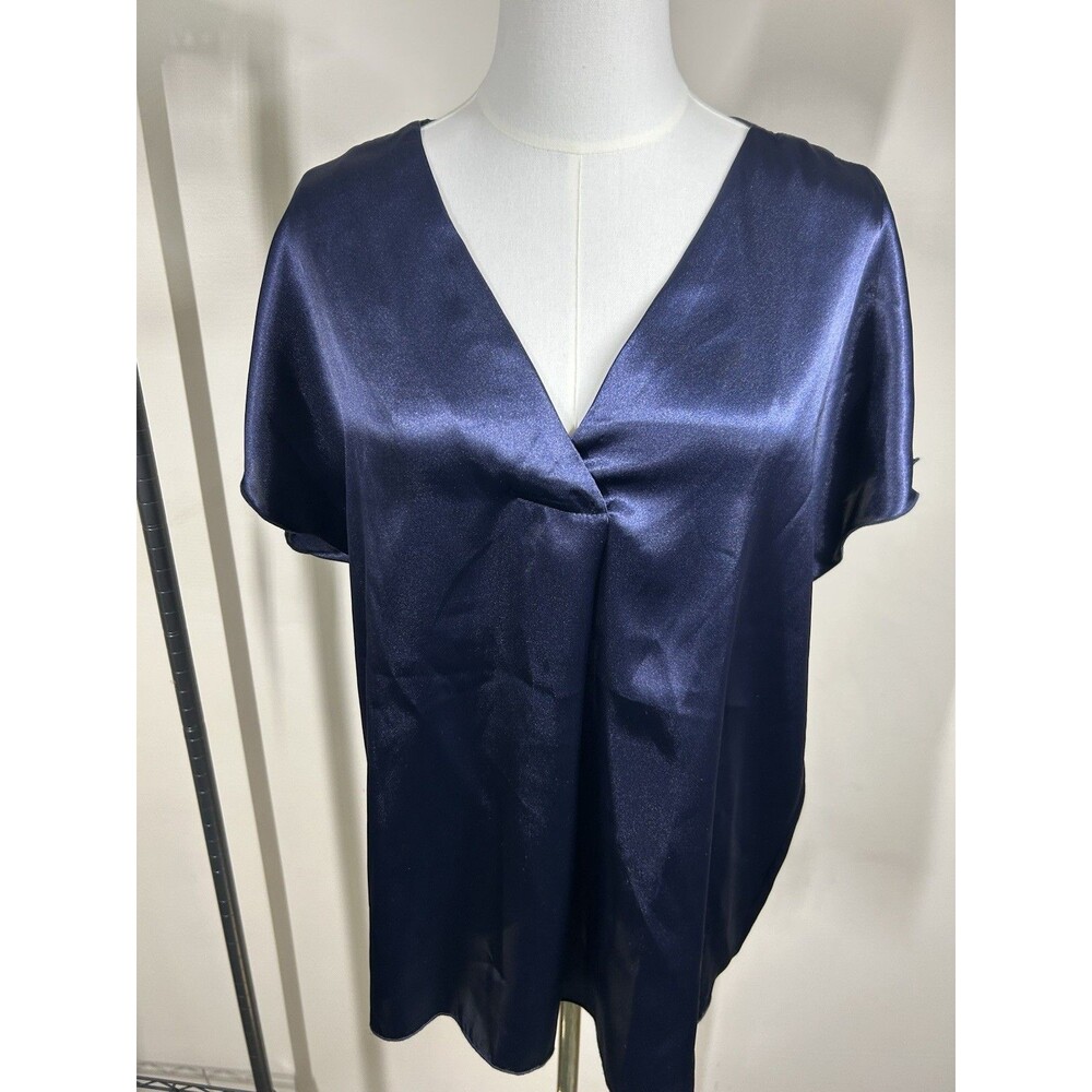 Nicole Miller New York Women's Blouse Size XL Ruffle Edge Slv Navy Blue 115